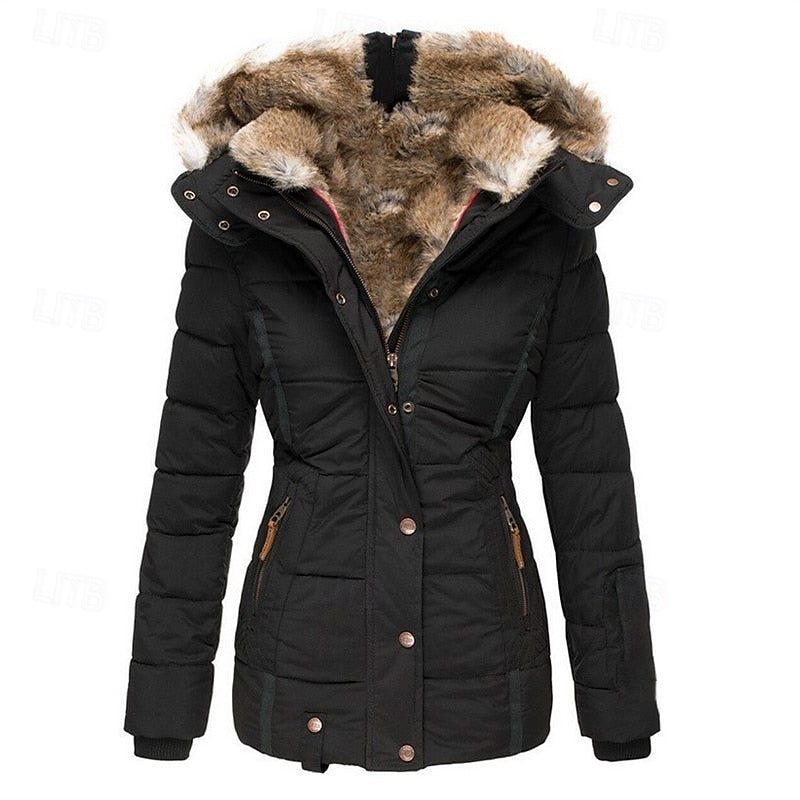 Hooded Winter Jacket Women's Faux Fur Trim Black Padded Coat – Casual, Warm Outdoor Wear