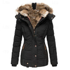 Hooded Winter Jacket Women's Faux Fur Trim Black Padded Coat – Casual, Warm Outdoor Wear