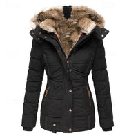 Hooded Winter Jacket Women's Faux Fur Trim Black Padded Coat – Casual, Warm Outdoor Wear