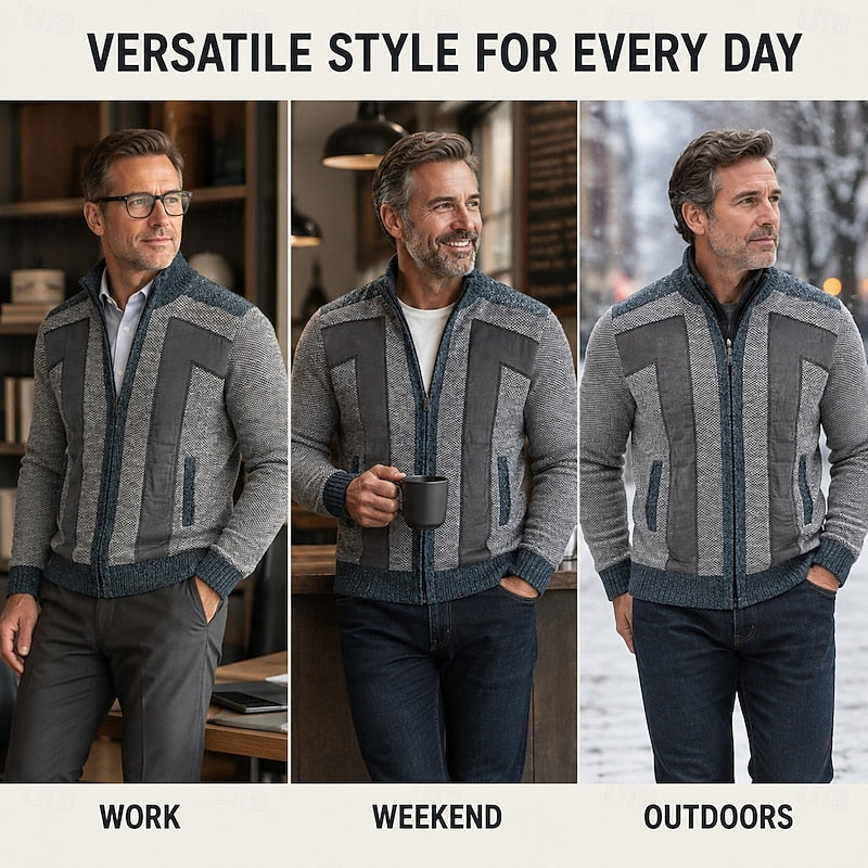Knit Zip-Up Cardigan Men's Fleece-Lined Color Block Sweater Jacket – Casual, Winter Wear