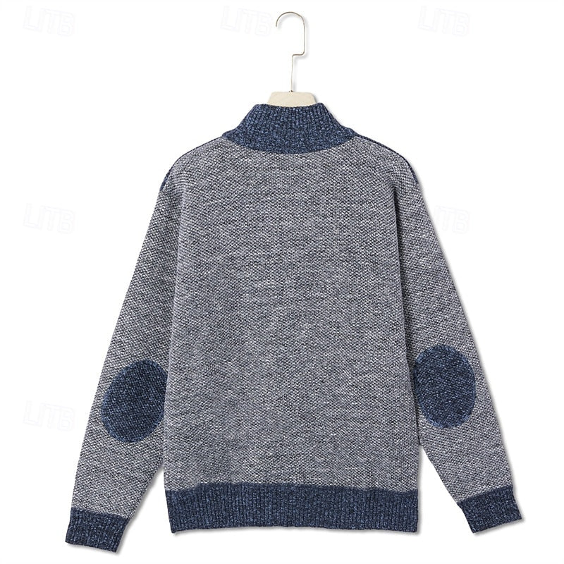 Knit Zip-Up Cardigan Men's Fleece-Lined Color Block Sweater Jacket – Casual, Winter Wear