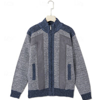 Knit Zip-Up Cardigan Men's Fleece-Lined Color Block Sweater Jacket – Casual, Winter Wear