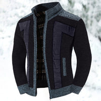 Knit Zip-Up Cardigan Men's Fleece-Lined Color Block Sweater Jacket – Casual, Winter Wear