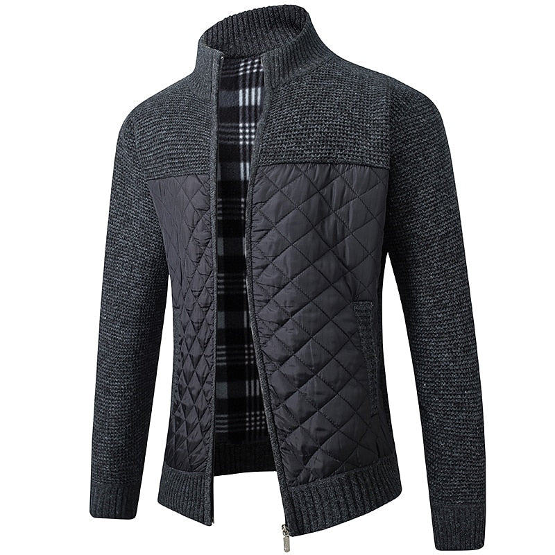 Knitted Zip-Up Cardigan Men's Quilted Fleece-Lined Jacket – Casual, Office