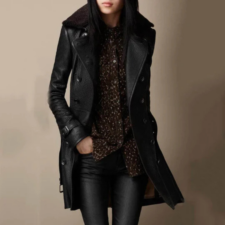 Schwarzer Leder-Trenchcoat für Damen mit Sherpa-Kragen – Casual, Büro, Winter