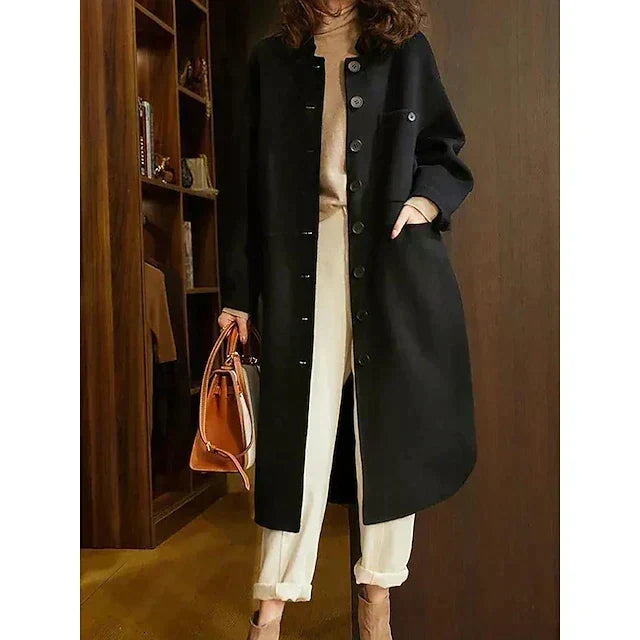 Long Coat Women's Wool Blend Olive Green with Pockets – Casual, Office