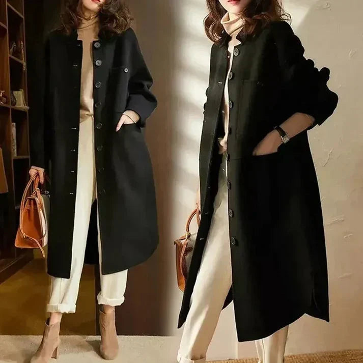 Long Coat Women's Wool Blend Olive Green with Pockets – Casual, Office