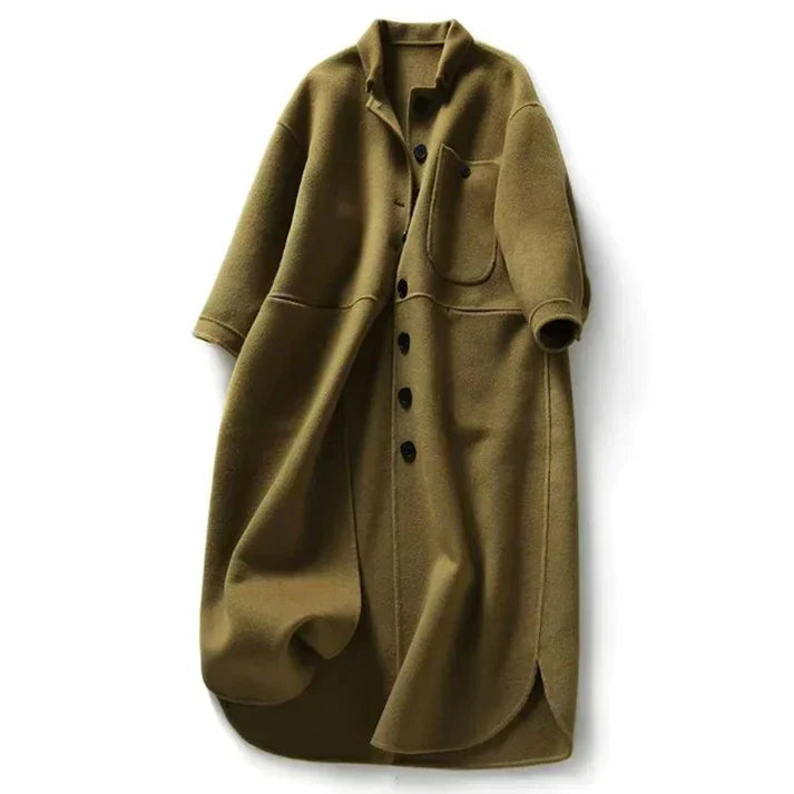 Long Coat Women's Wool Blend Olive Green with Pockets – Casual, Office