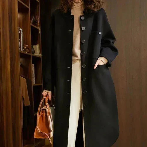 Long Coat Women's Wool Blend Olive Green with Pockets – Casual, Office