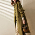 Long Coat Women's Wool Blend Olive Green with Pockets – Casual, Office