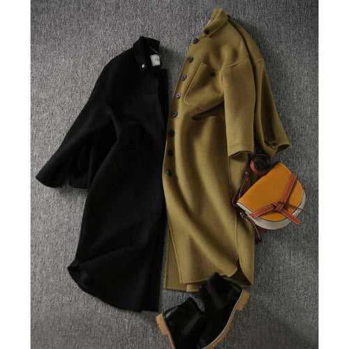 Long Coat Women's Wool Blend Olive Green with Pockets – Casual, Office