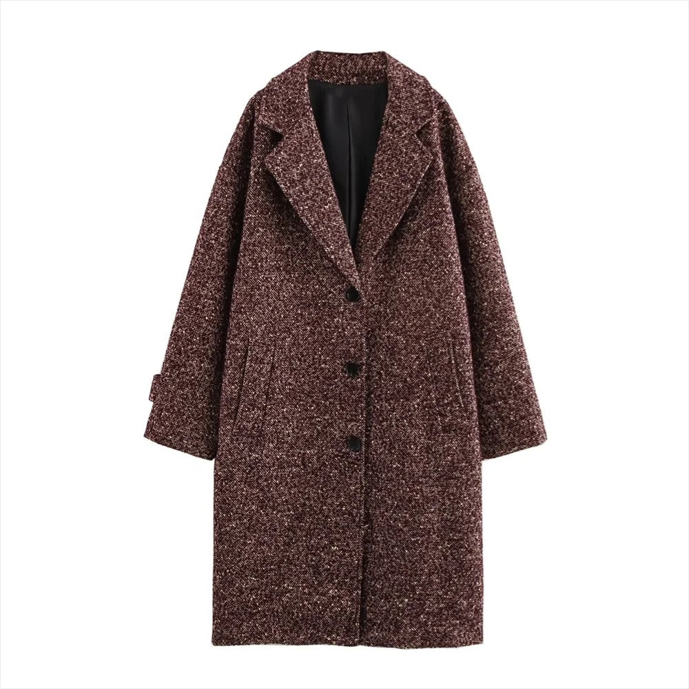 Long Coat Women's Textured Notch Lapel Single-Breasted – Office, Casual