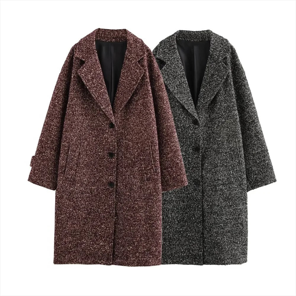 Long Coat Women's Textured Notch Lapel Single-Breasted – Office, Casual