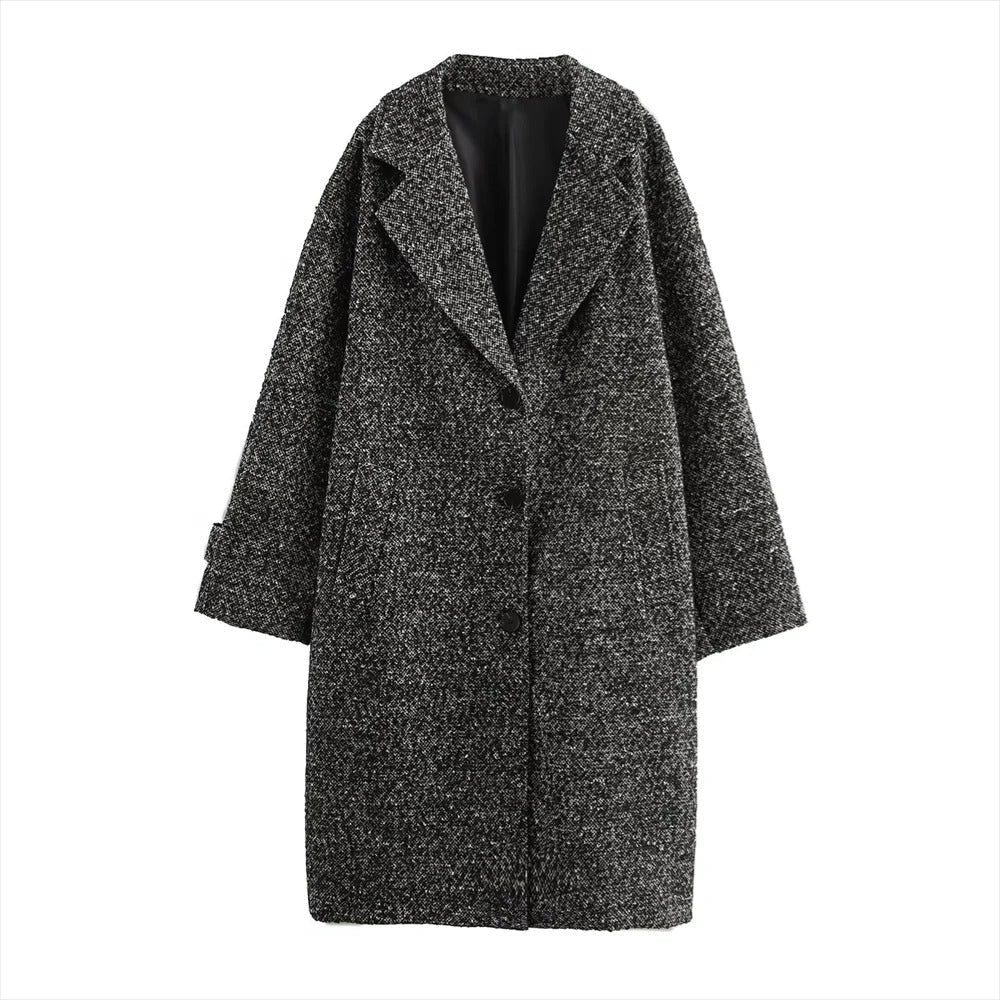 Long Coat Women's Textured Notch Lapel Single-Breasted – Office, Casual