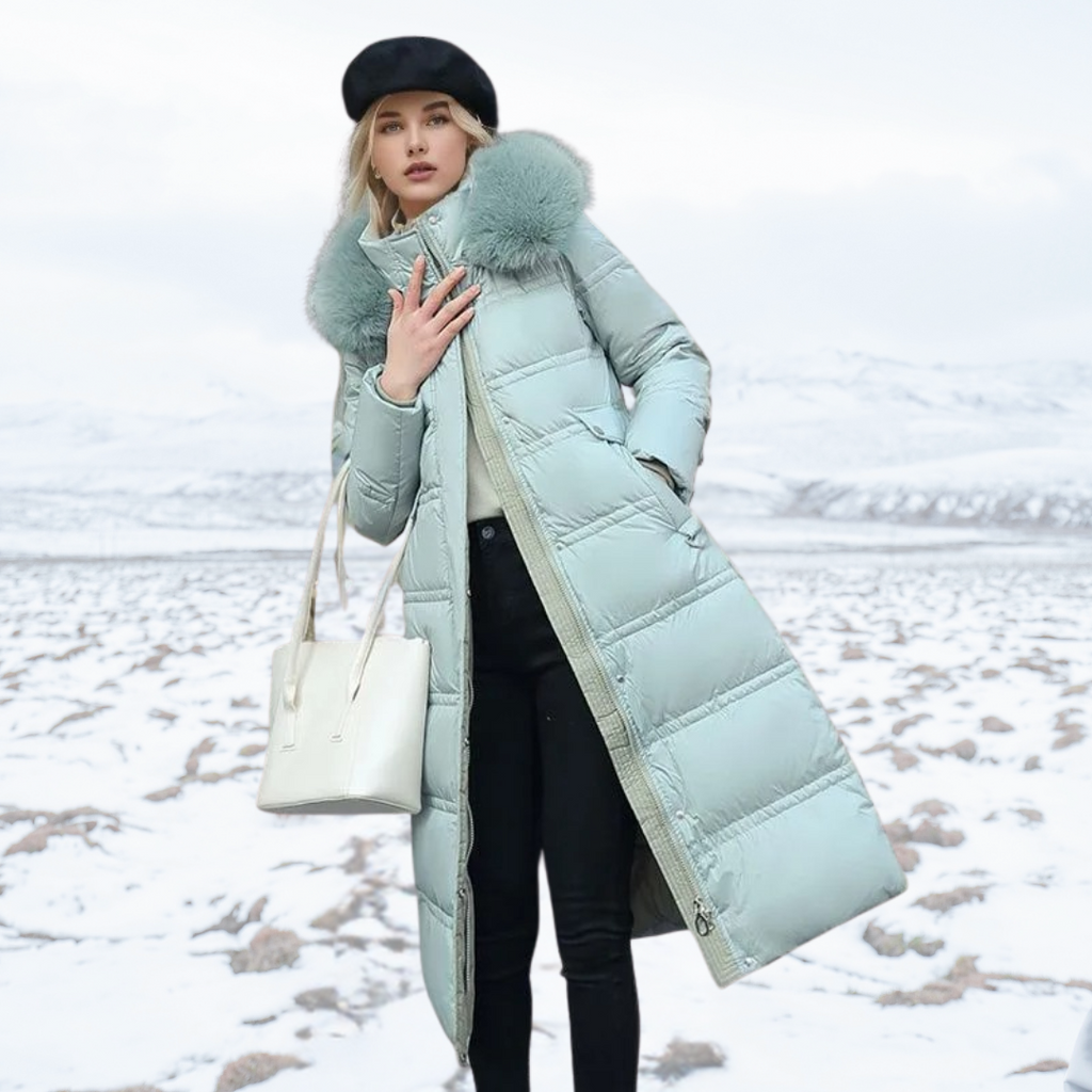 Khaki Long Puffer Parka Coat Faux Fur Hood – Winter, Casual