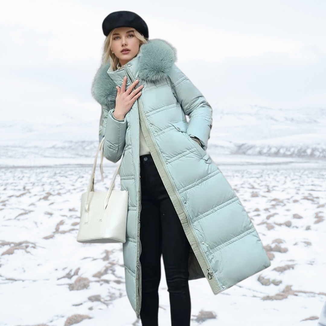 Khaki Long Puffer Parka Coat Faux Fur Hood – Winter, Casual