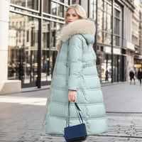 Khaki Long Puffer Parka Coat Faux Fur Hood – Winter, Casual