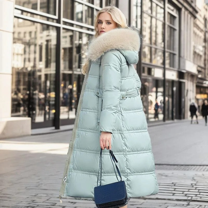 Khaki Long Puffer Parka Coat Faux Fur Hood – Winter, Casual