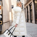 Khaki Long Puffer Parka Coat Faux Fur Hood – Winter, Casual
