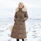 Khaki Long Puffer Parka Coat Faux Fur Hood – Winter, Casual