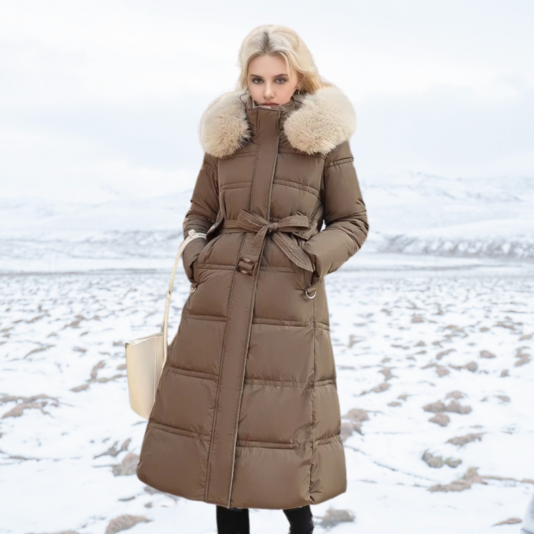 Khaki Long Puffer Parka Coat Faux Fur Hood – Winter, Casual