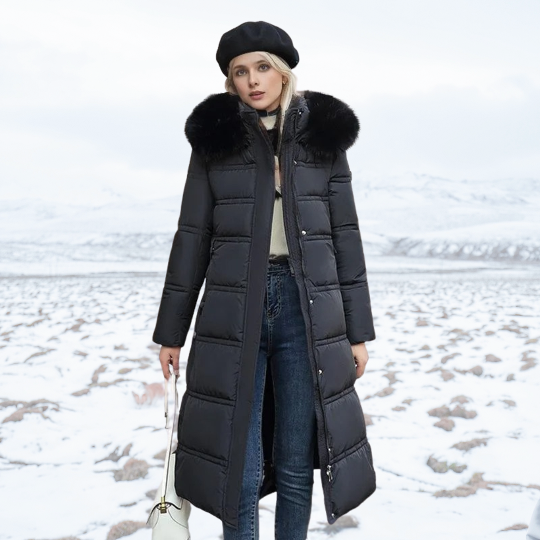 Khaki Long Puffer Parka Coat Faux Fur Hood – Winter, Casual