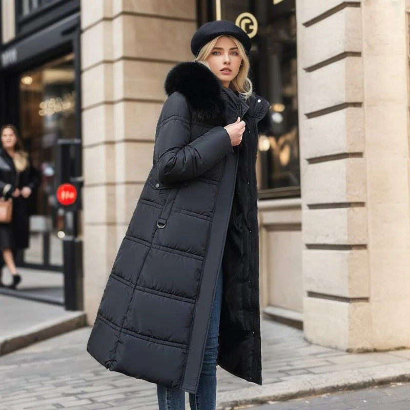 Khaki Long Puffer Parka Coat Faux Fur Hood – Winter, Casual