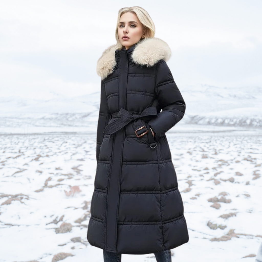 Khaki Long Puffer Parka Coat Faux Fur Hood – Winter, Casual