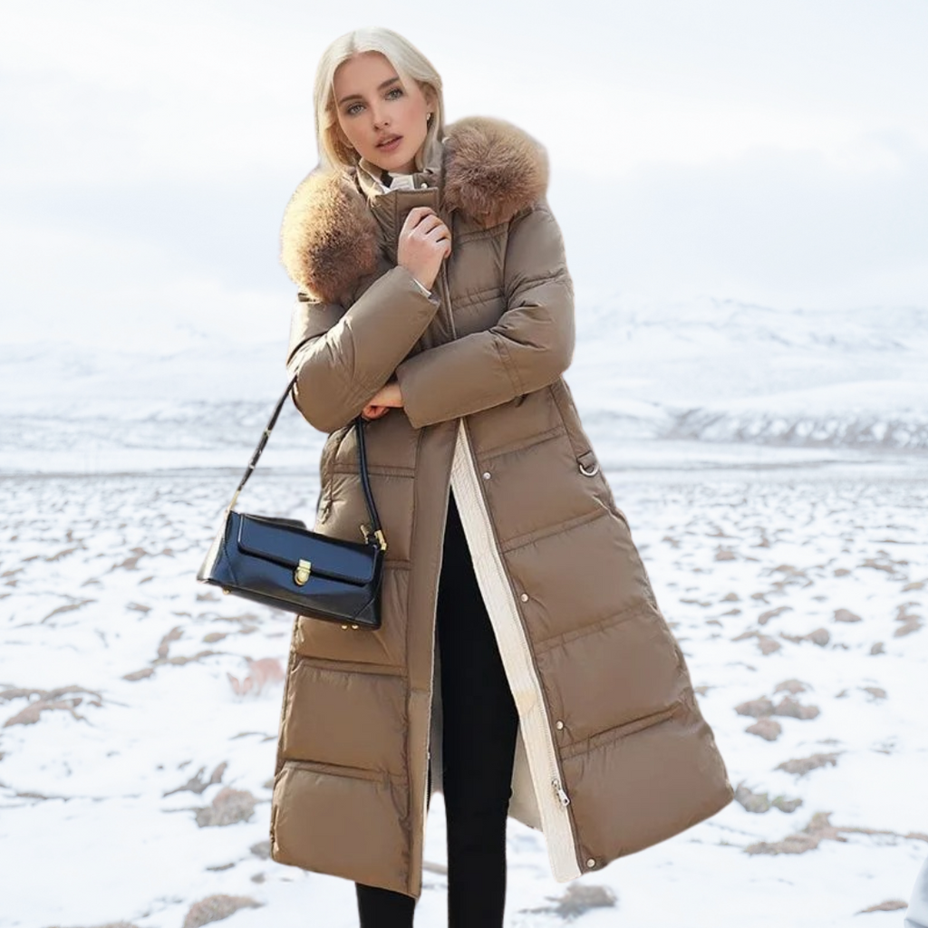 Khaki Long Puffer Parka Coat Faux Fur Hood – Winter, Casual