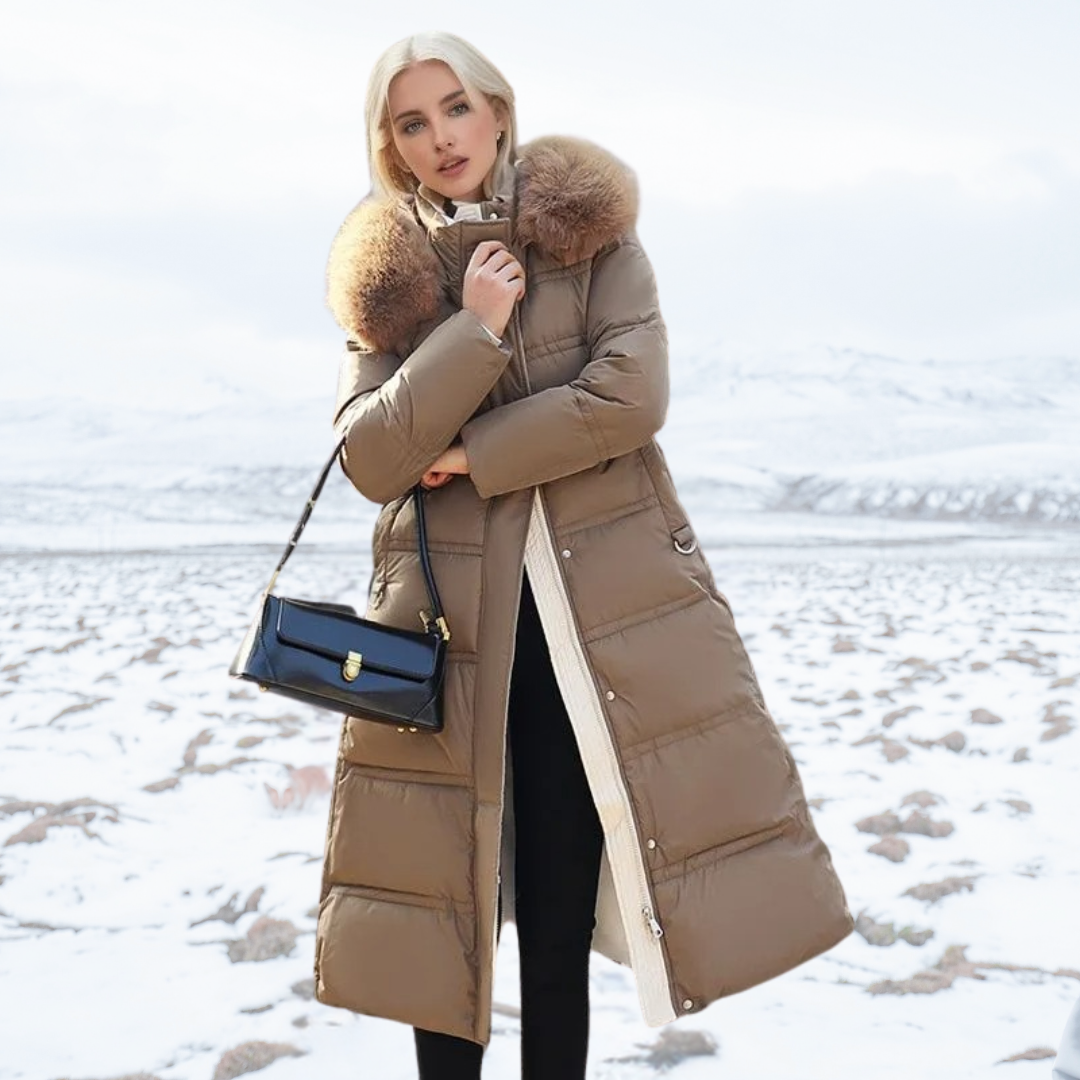 Khaki Long Puffer Parka Coat Faux Fur Hood – Winter, Casual