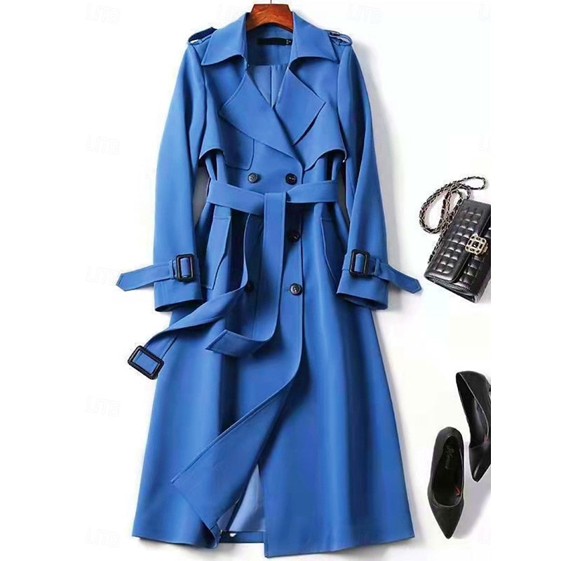 Long Trench Coat Women's Double-Breasted Khaki – Office, Casual