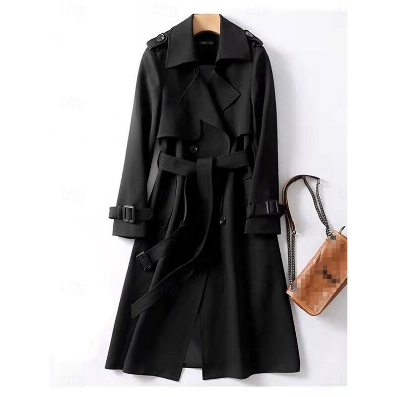 Long Trench Coat Women's Double-Breasted Khaki – Office, Casual