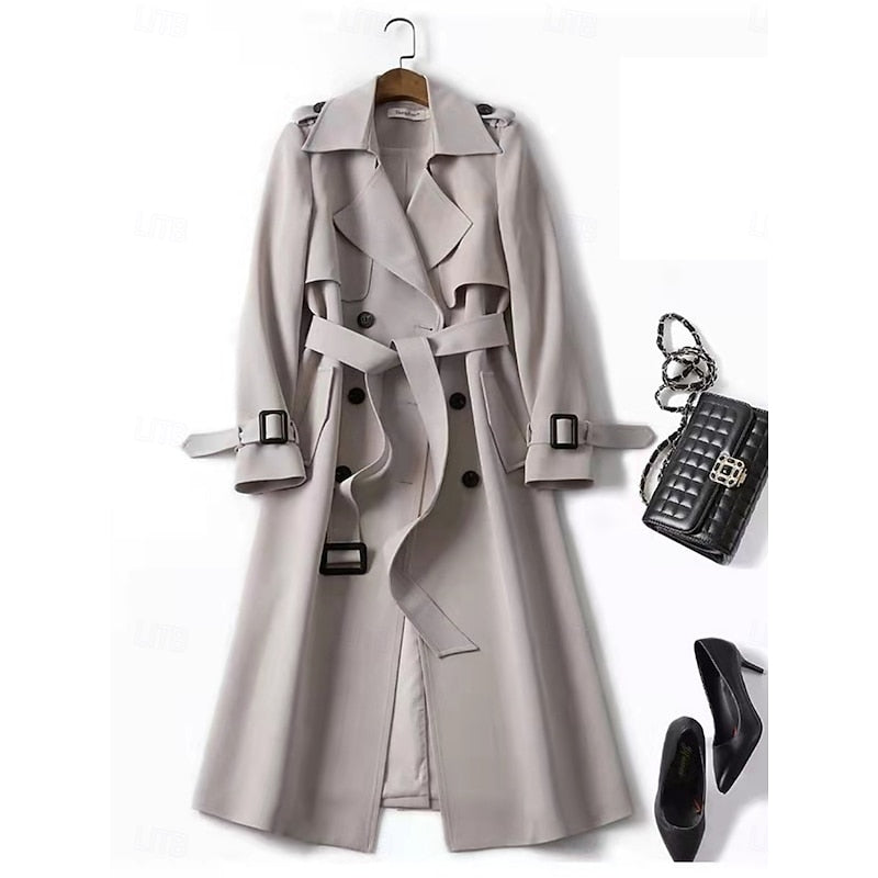 Long Trench Coat Women's Double-Breasted Khaki – Office, Casual