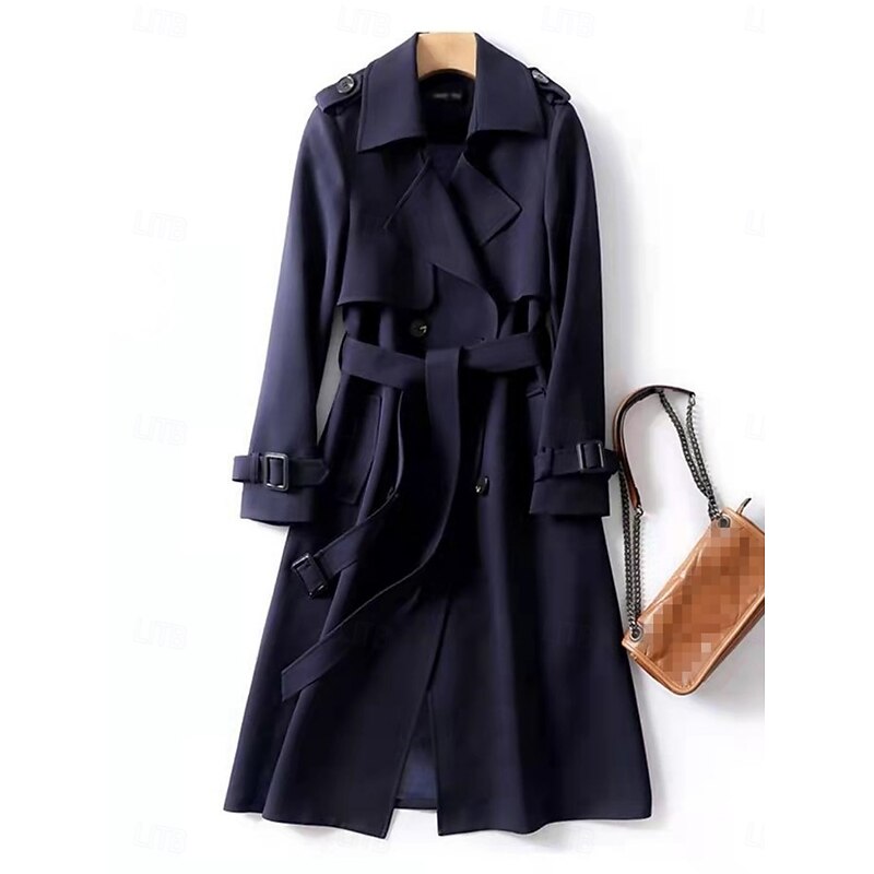 Long Trench Coat Women's Double-Breasted Khaki – Office, Casual
