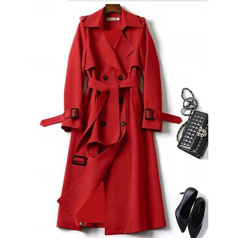 Long Trench Coat Women's Double-Breasted Khaki – Office, Casual