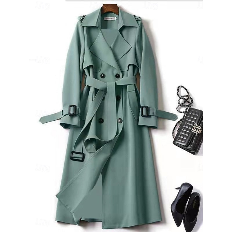 Long Trench Coat Women's Double-Breasted Khaki – Office, Casual
