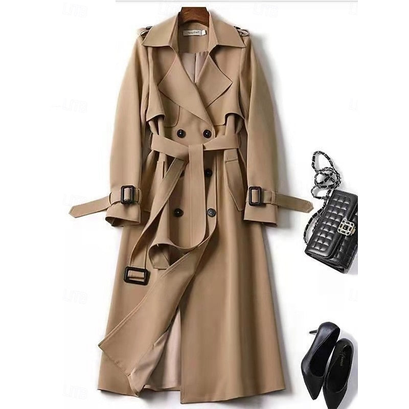 Long Trench Coat Women's Double-Breasted Khaki – Office, Casual