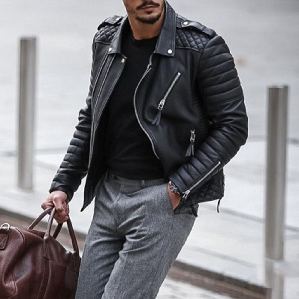 Men's Biker Jacket with Quilted Shoulders – Casual Wear, Stylish Outfits