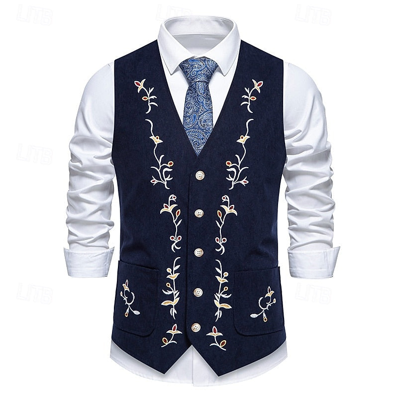 Men's Waistcoat Floral V-Neck Brown – Casual, Office