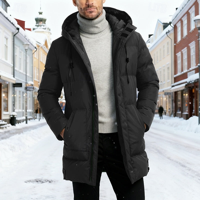 Men's Hooded Longline Winter Coat Black Insulated – Cold Weather, Casual Wear