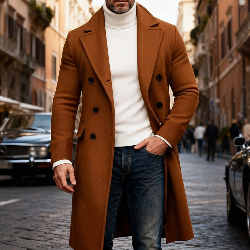 Men's Long Double-Breasted Lapel Trench Coat – Office, Casual