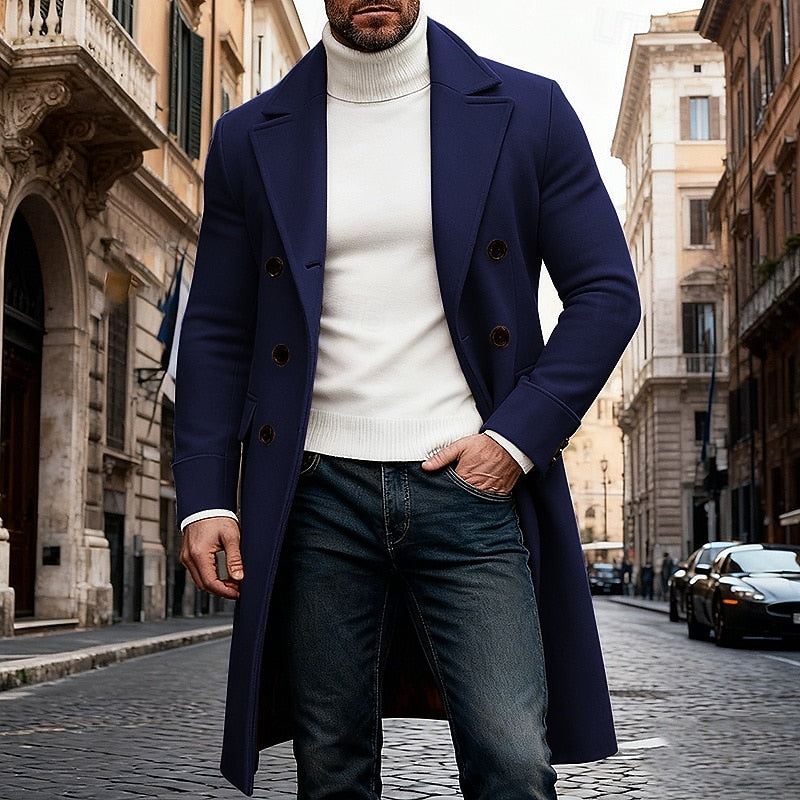 Men's Long Double-Breasted Lapel Trench Coat – Office, Casual