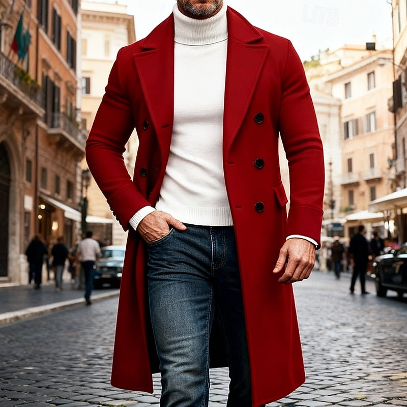 Men's Long Double-Breasted Lapel Trench Coat – Office, Casual