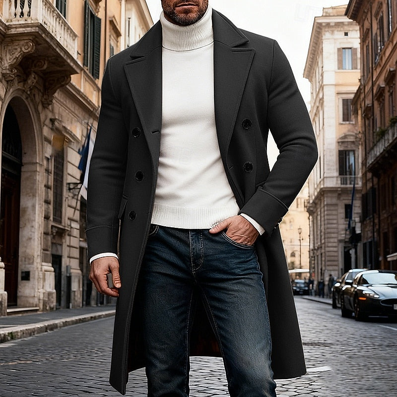 Men's Long Double-Breasted Lapel Trench Coat – Office, Casual