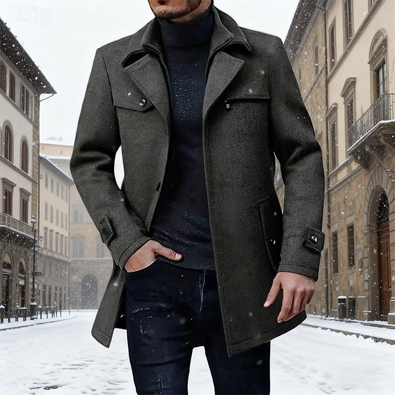 Men's Longline Wool Coat Single-Breasted – Winter, Office
