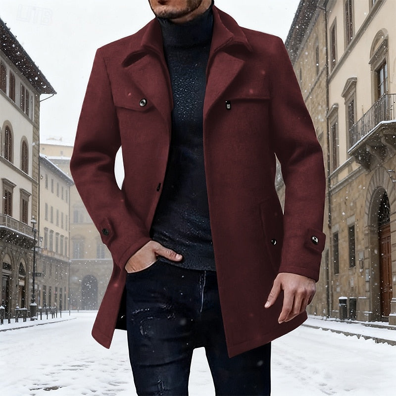 Men's Longline Wool Coat Single-Breasted – Winter, Office