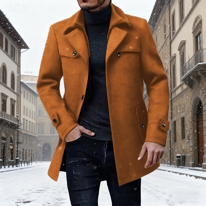 Men's Longline Wool Coat Single-Breasted – Winter, Office