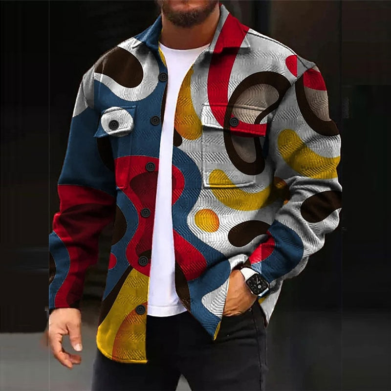 Men's Overshirt Abstract Print Long Sleeve Shacket – Casual, Office