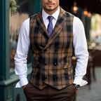 Men's Plaid Waistcoat V-Neck Double-Breasted Brown Navy – Office, Wedding