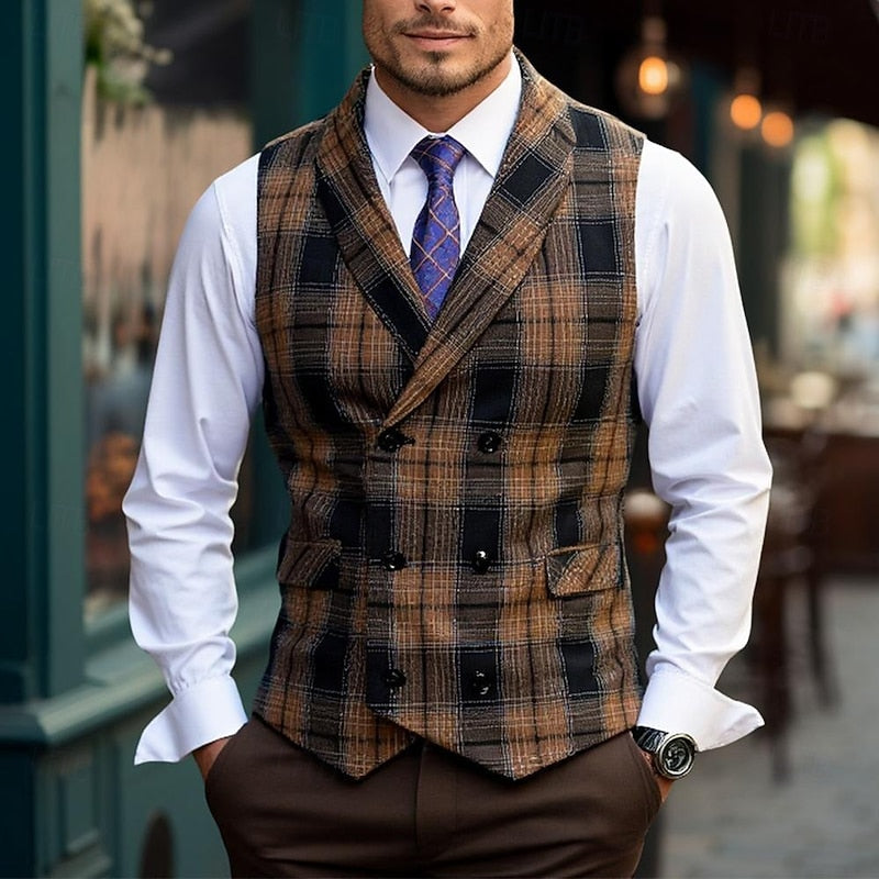 Men's Plaid Waistcoat V-Neck Double-Breasted Brown Navy – Office, Wedding
